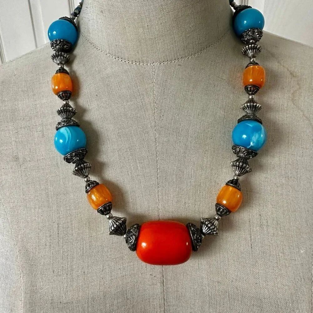 Vintage Bold Resin Bead Statement Necklace Orange & Turquoise Blue with Silver A